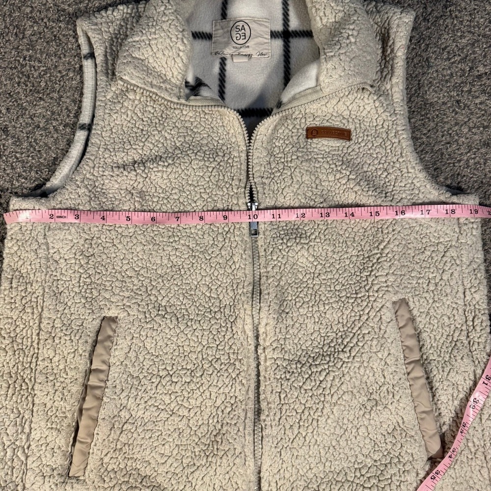 Sage Collective Sherpa Fleece Vest Womens Small Cream Full Zip Plaid Lined Cozy - Picture 5 of 6